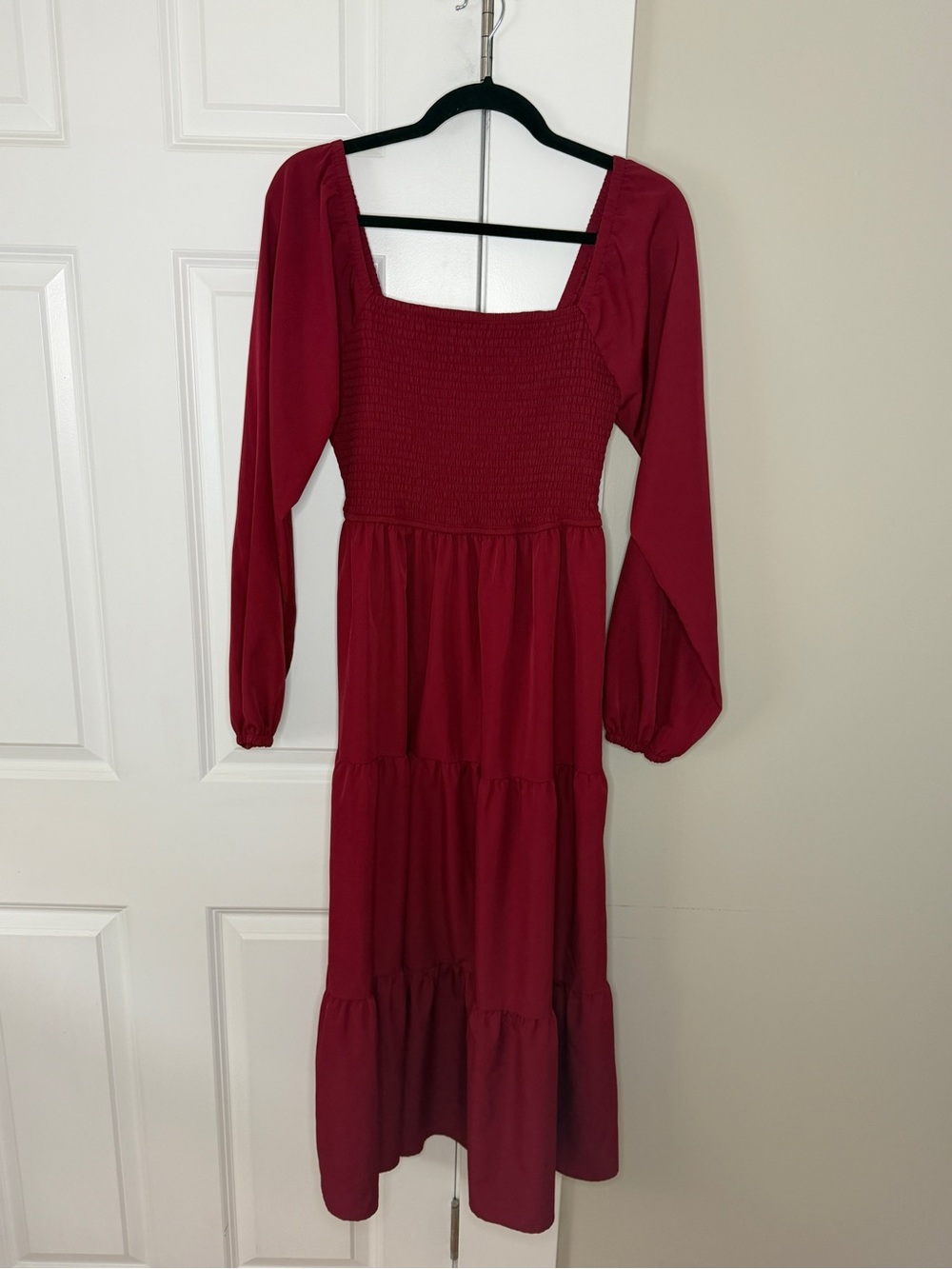 Amazon Women's Deep Red Smocked Tiered Midi Dress with Long Sleeves